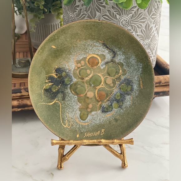 Vintage MCM SashaB painted enamel on copper decorative plate.